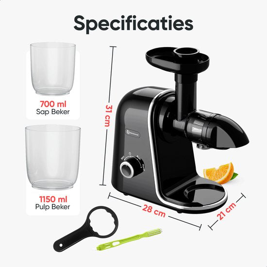 Kitchenwell Slowjuicer - 700ml - Entsafter mit Fruchtfleischbehälter - Gemüse- und Obstpresse - BPA frei - Schwarz