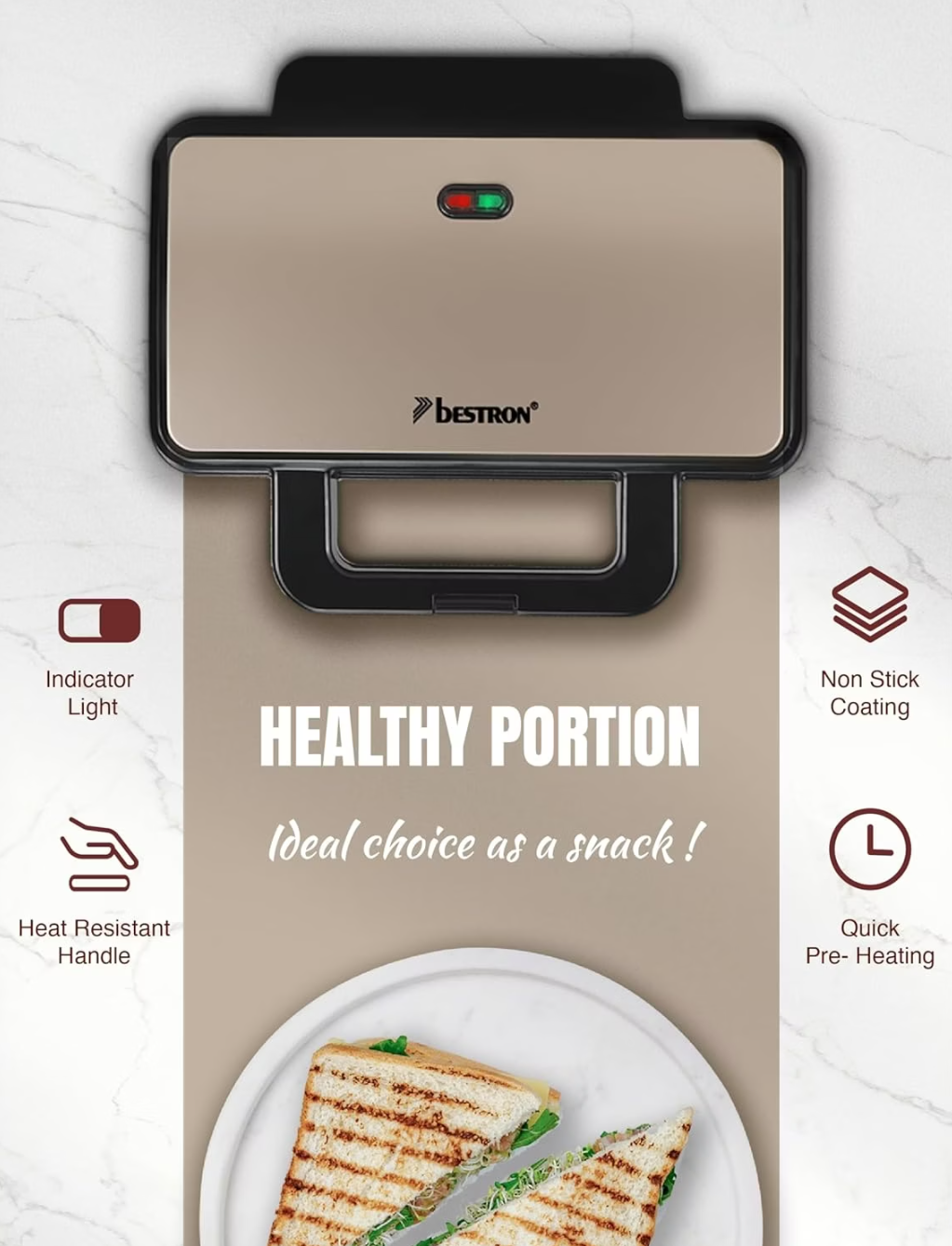 Bestron XL Sandwichtoaster ASM92XLSS – 900 W – 26 × 31 × 12 cm – Beige