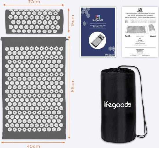 LifeGoods - Akupressurmatte mit Kissen - Shakti Matte - Nagelmatte inkl. 2x Triggerpunkt Ball - 66x40x2cm - Grau/Weiß