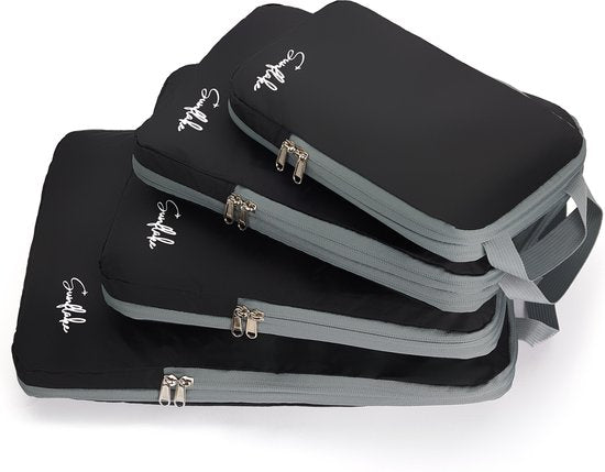 Packwürfel mit Kompressionsreißverschlüssen - Set mit 4 Kompressionswürfeln für Rucksack und Koffer - Kompression - Schwarz - Sunflake