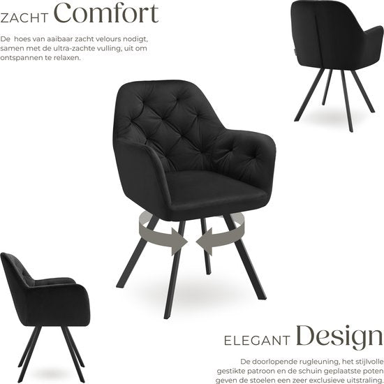 tectake - Drehstuhl in Samtoptik - Esszimmerstuhl mit Armlehnen - Ergonomischer Sitz und Rückenlehne - 180-Grad-Drehung - Moderner Stuhl mit Stahlbeinen - Verschiedene Farben - Schwarz