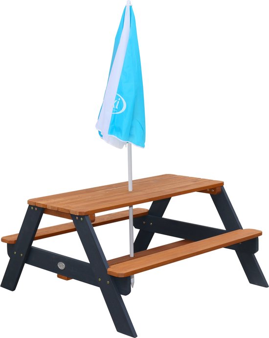 AXI Nick Picknicktisch Anthrazit/Braun – Sonnenschirm Blau/Weiß – Picknicktisch für Kinder aus FSC-Holz
