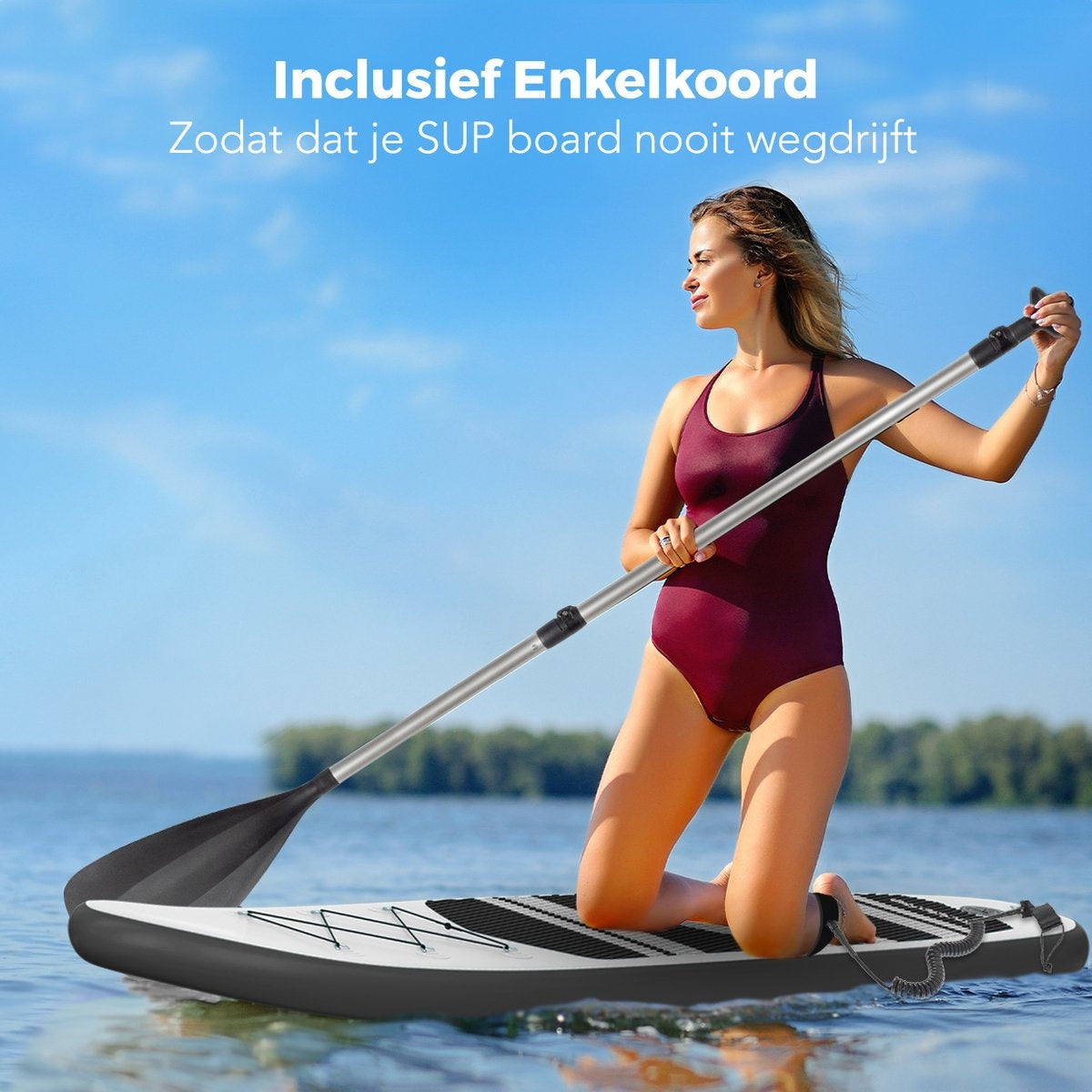 LifeGoods SUP Board - mit Sitz - Aufblasbares Paddle Board - Komplettset - Max. 135KG - 320x81cm - Weiß/Schwarz