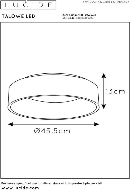 Lucide TALOWE LED – Deckenleuchte – Ø 45,5 cm – dimmbare LED – 1x30 W, 3000 K – Weiß