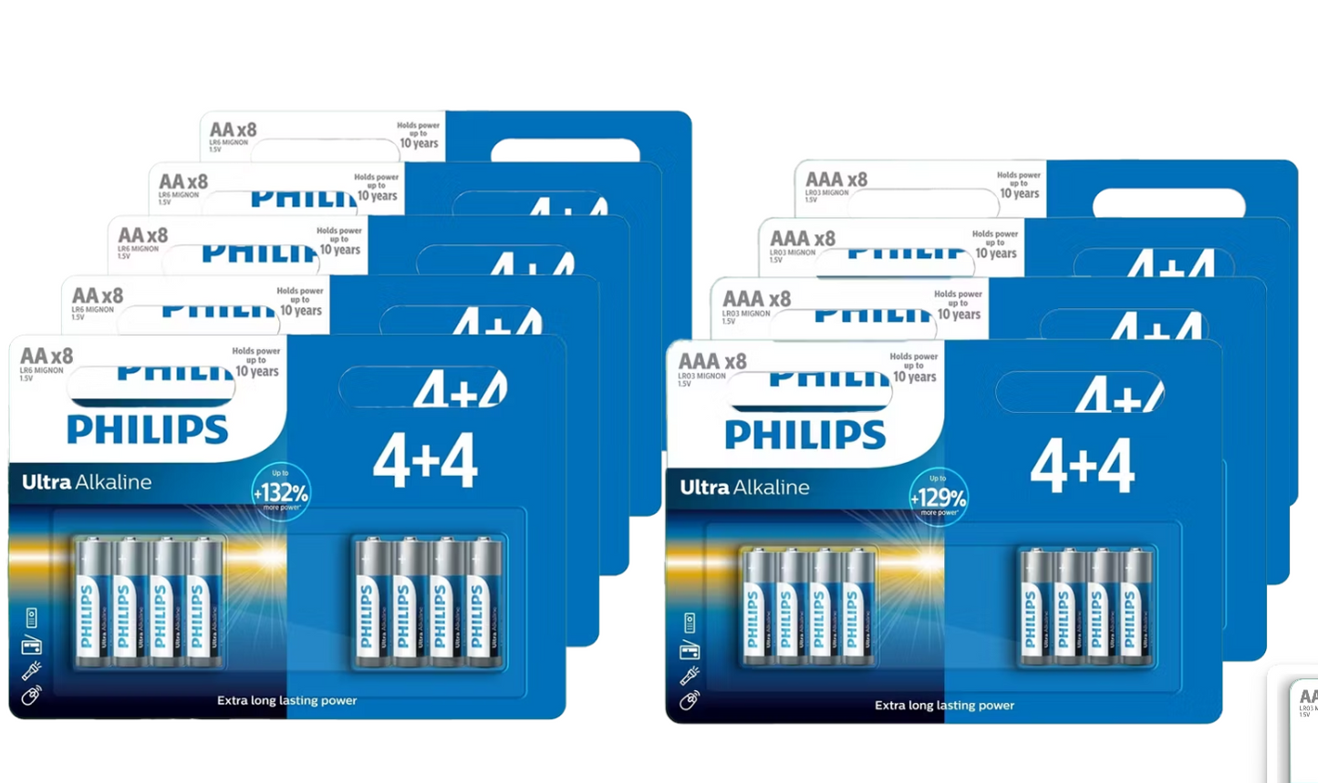 Philips Ultra-Alkaline-Batterien-Set – 72 Stück – 40x AA LR6 + 32x AAA LR03 – 1,5 V Alkaline