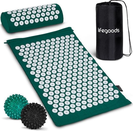 LifeGoods Akupressurmatte mit Kissen - Shakti Matte - Nagelmatte inkl. 2x Triggerpunkt Ball - 66x40x2cm - Grün/Weiß