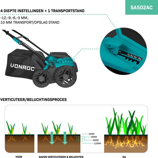 VONROC Elektro-Vertikutierer - Rasenlüfter - 1500W - Schnittbreite 36 cm - 5 Positionen: 4 Tiefenpositionen (12/9/6/3 mm) + 1 Transportposition (+10 mm) - inkl. Auffangbehälter 45L.