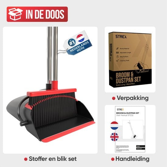 Strex Kehrschaufel und Bürste mit langem Stiel - verstellbar von 87-127cm - mit integrierten Reinigungszähnen