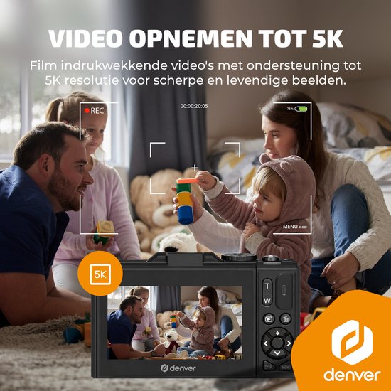 Denver Digitalkamera – Full HD 5K – 75 MP – Vlog-Kamera – WLAN-Verbindung – Foto & Video – Fotokamera – DWC8475B