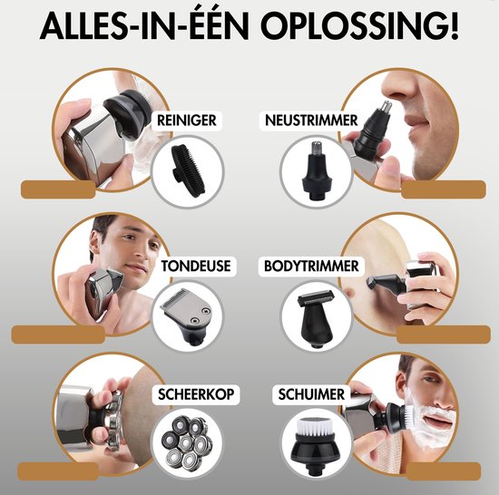 Sansbeauté® SkullSharp PRO 6-in-1 Rasierer - Für Männer - Trimmer - Clipper - Elektrisch - Gesicht und Kopfrasierer - Nass- und Trockenrasur - Kabelloses Laden