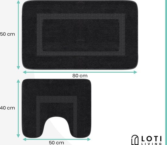 Loti Living Bademattenset mit Toilettenvorleger Anti-Rutsch - Duschvorleger - Badezimmervorleger - Bodenvorleger - Bademattenset Toilettenvorleger - Bademattenset Anti-Rutsch - Schwarz - 50x80 cm + 50x40 cm