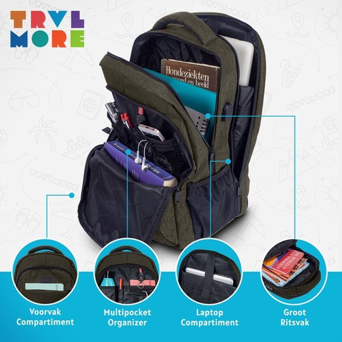 TRVLMORE Rucksack - 36L - 17.3 Zoll - Laptop-Rucksack - Schultasche - Unisex - Spritzwassergeschützt Anthrazit