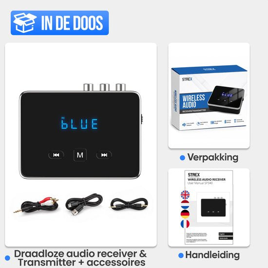 Strex Bluetooth-Sender und -Empfänger 3-in-1-Adapter – Bluetooth-Audio-Sender und -Empfänger – Bluetooth 6.0 – AUX/Cinch/Optisch – Drahtlos – 15 Meter Reichweite