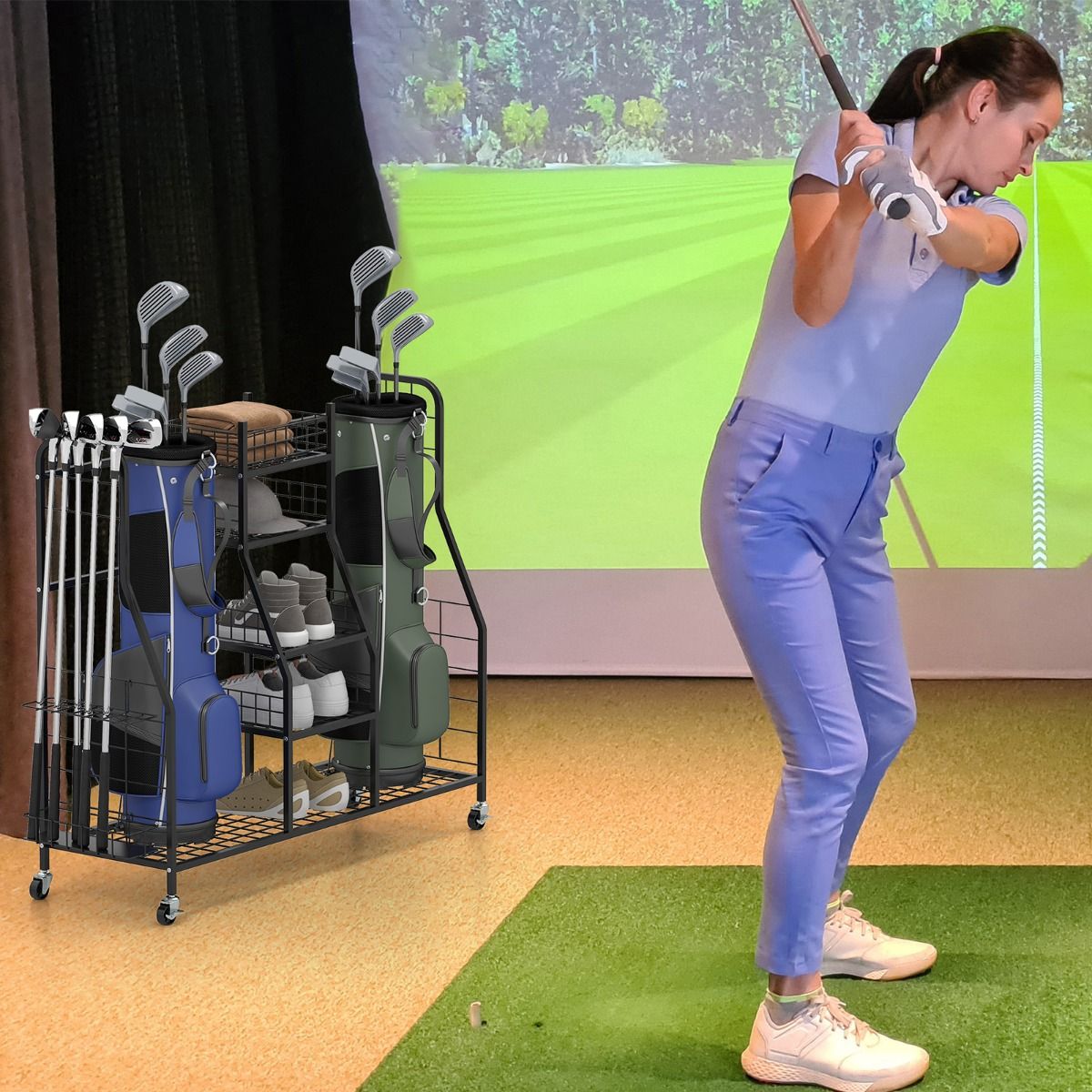 Coast Golf-Aufbewahrungsregal – für 2 Golftaschen – mit Rollen – schwarz