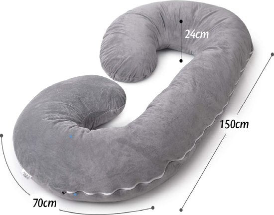 EL Life Umstandskissen XXL C-Form - Stillkissen - Seidenschlafkissen - Körperkissen - abnehmbarer Minky-Vliesbezug - 150x70cm - Grau