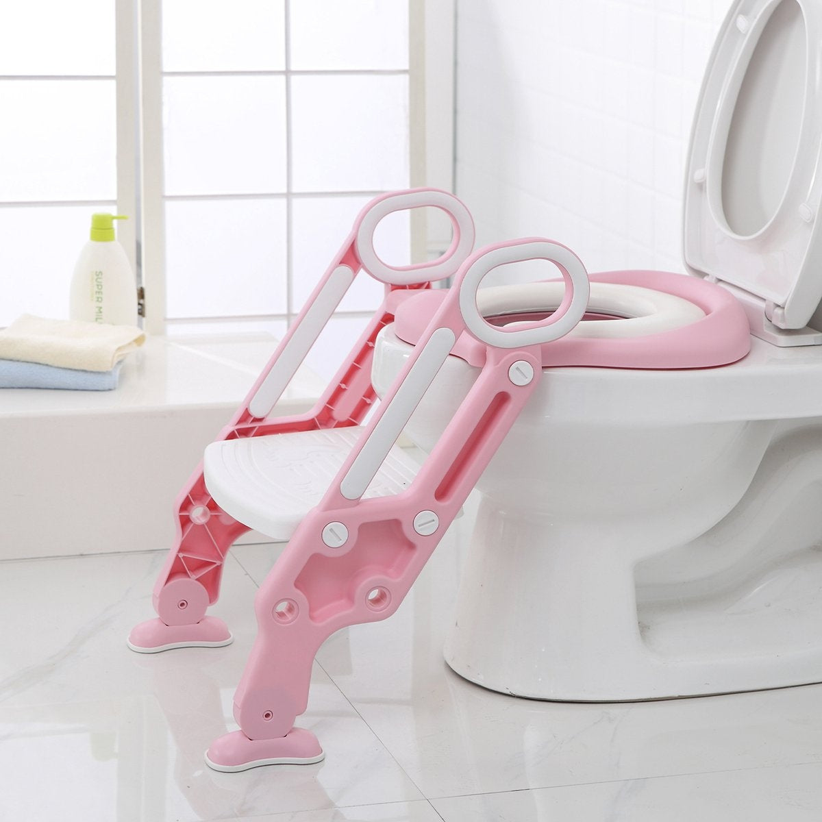 LifeGoods - Toilettensitzverkleinerer - Toilettentrainer mit Treppe - Töpfchen Kleinkind - 2 bis 7 Jahre - Rosa/Weiß