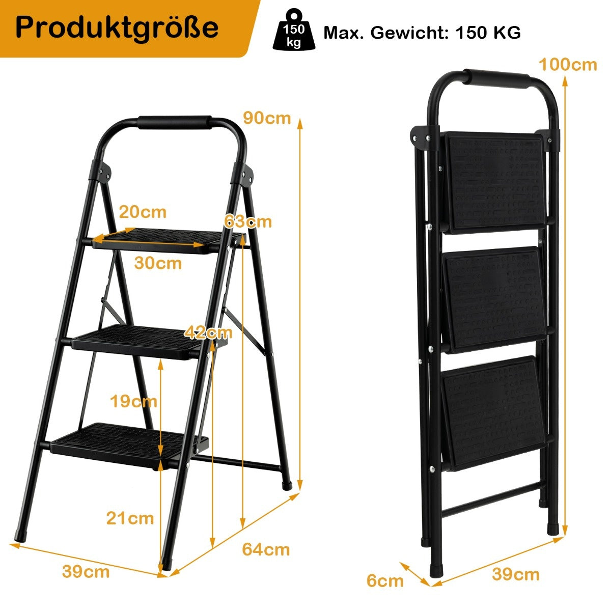 Coast Stufenleiter mit 3 Stufen klappbare Steighilfe mit rutschfesten Stufen 64 x 39 x 90 cm schwarz
