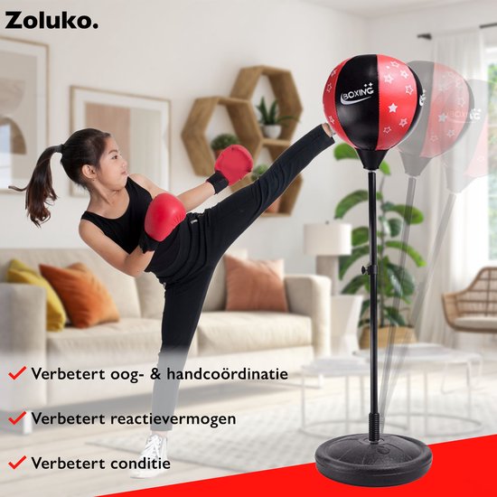 Zoluko Boxball auf Fuß für Kinder - Inkl. Boxhandschuhe und aufblasbare Pumpe - Höhenverstellbar - Für drinnen und draußen - Boxball auf Ständer - Boxtrainer - Boxstange - Boxset Kinder - Boxball stehend - Boxen - Heimsport - Schwarz/Rot