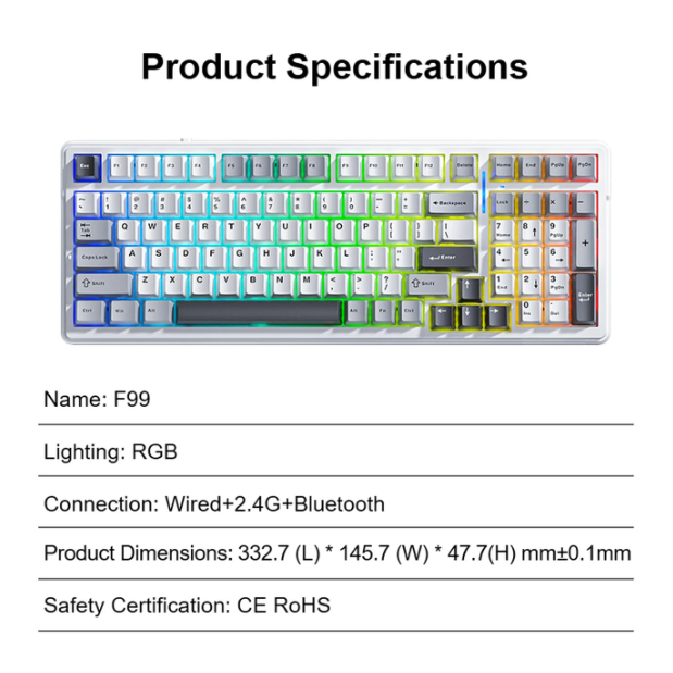 AULA F99 Drahtlose mechanische Tastatur – Hellgrau – 99 Tasten, Tri-Mode