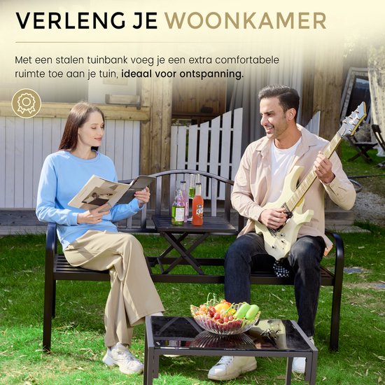 O'DADDY® Gartenbank mit Klapptisch - Gartenbank - Wetterfeste Bank - Gartenbänke - Bank für 2 oder 3 Personen - 150 x 60 x 87 cm - Schwarzes Metall