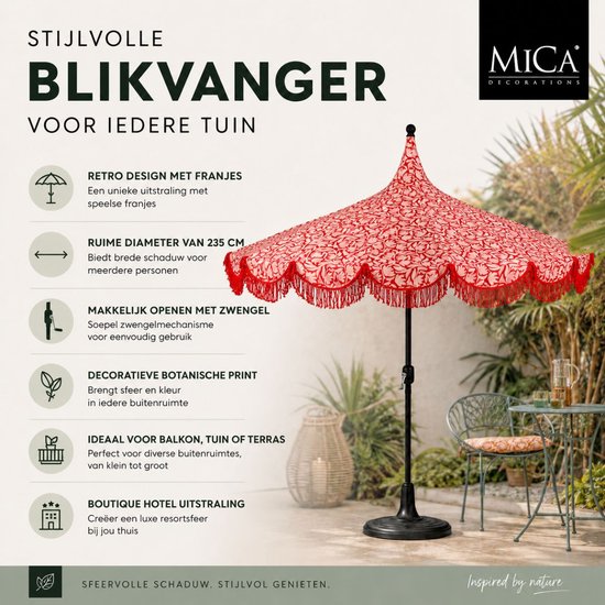 Mica Decorations Kelly Sonnenschirm mit Tragetasche – Stabsonnenschirm 238 x Ø 235 cm – Garten- oder Balkonsonnenschirm – Polyester, Stahl – Rot