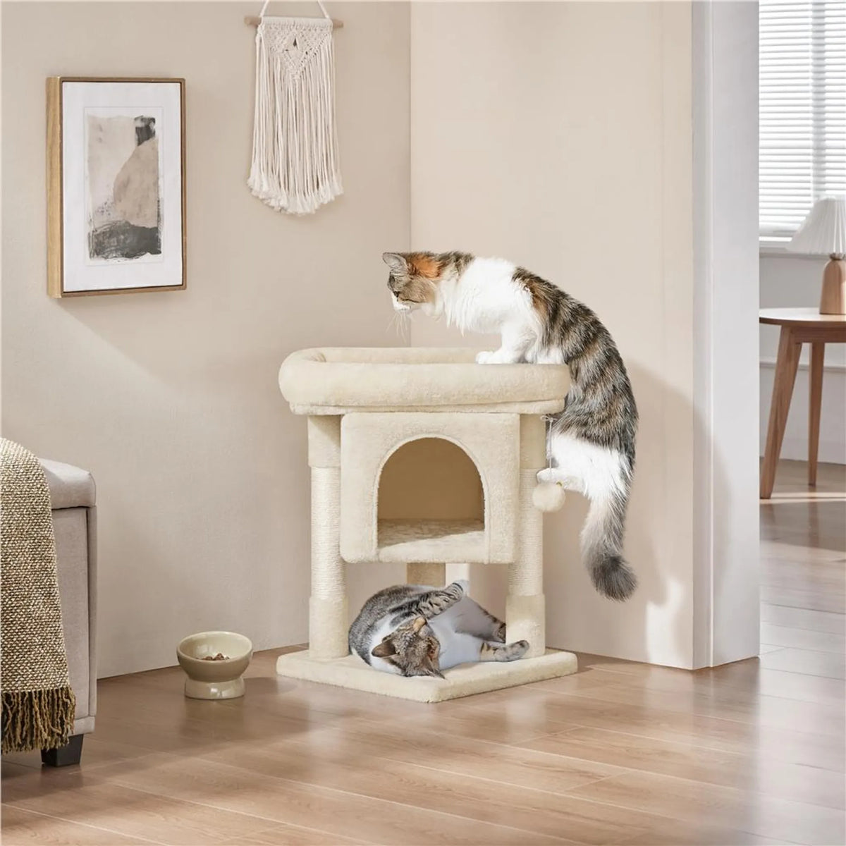 Yaheetech Katzenständer mit Katzenhöhle - ausgestattet mit Sisalkratzern und Hängematte und weichem Liegebereich - für Kätzchen und kleine Katzen - beigefarbener Plüsch und Spanplatte - 40,5 x 40,5 x 59 cm