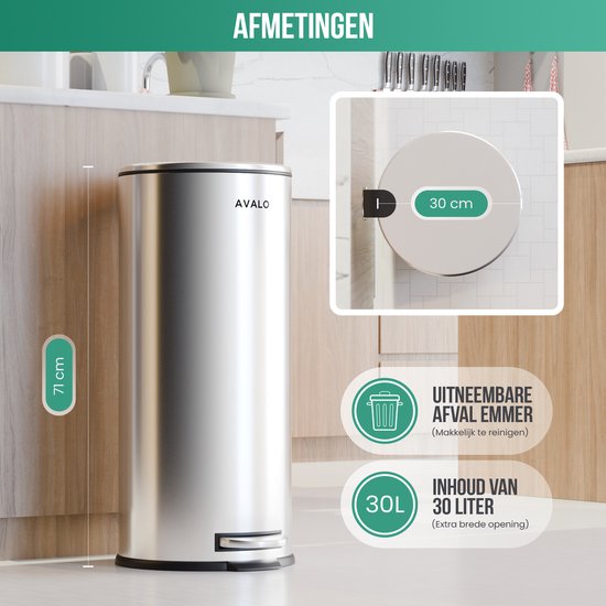 Avalo Tret-Abfalleimer 30L - Edelstahl Silber - Soft Close - Tret-Abfalleimer 30 Liter - Mülleimer 30 Liter