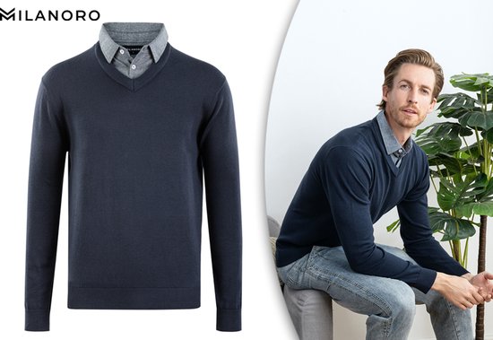 Milanoro - Herren Pullover mit Hemdkragen - Navy - L