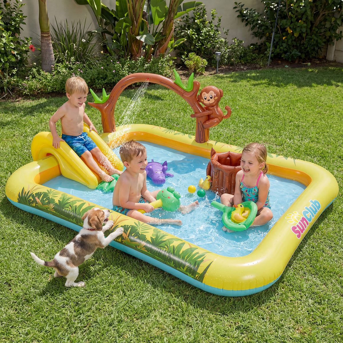 Coast Aufblasbares Spielzentrum „Dschungelabenteuer“ – Rutsche und Wassersprinkler – Für Kinder von 2 bis 6 Jahren – Mehrfarbig