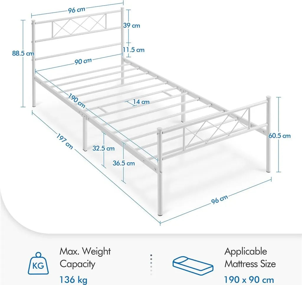 Yaheetech Bettrahmen 90 × 190 cm - Weißes Metall - Einzelbett mit X-Design Kopfteil, Lattenrost und 32,5 cm Stauraum