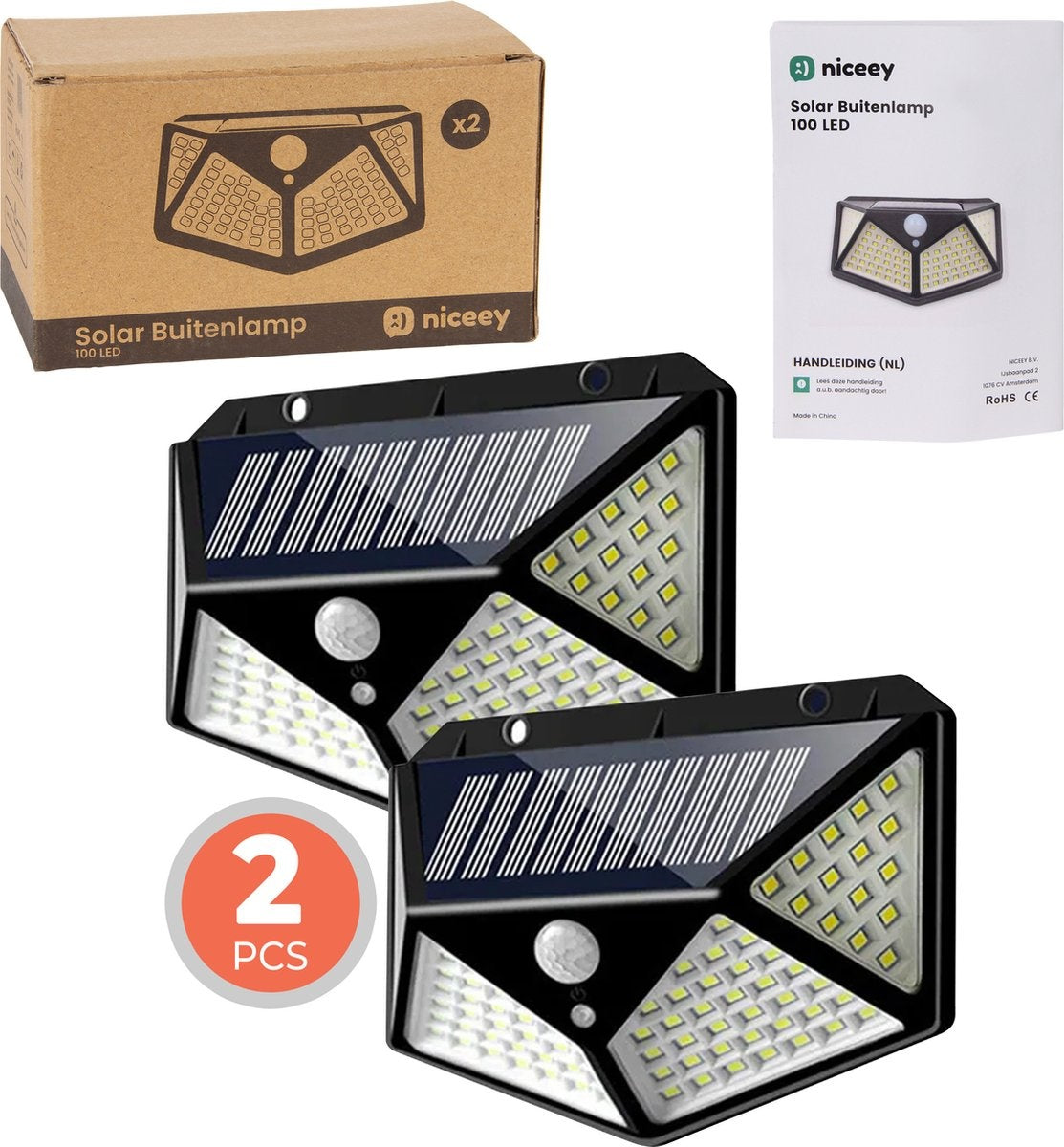 Niceey Solar-Außenlampe - 2er-Set - 100 LEDs - Schwarz