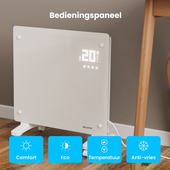 Auronic Elektroheizung - Konvektorheizung mit Thermostat und Fernbedienung - Glasheizkörper - 1000W Heizleistung - Weiß