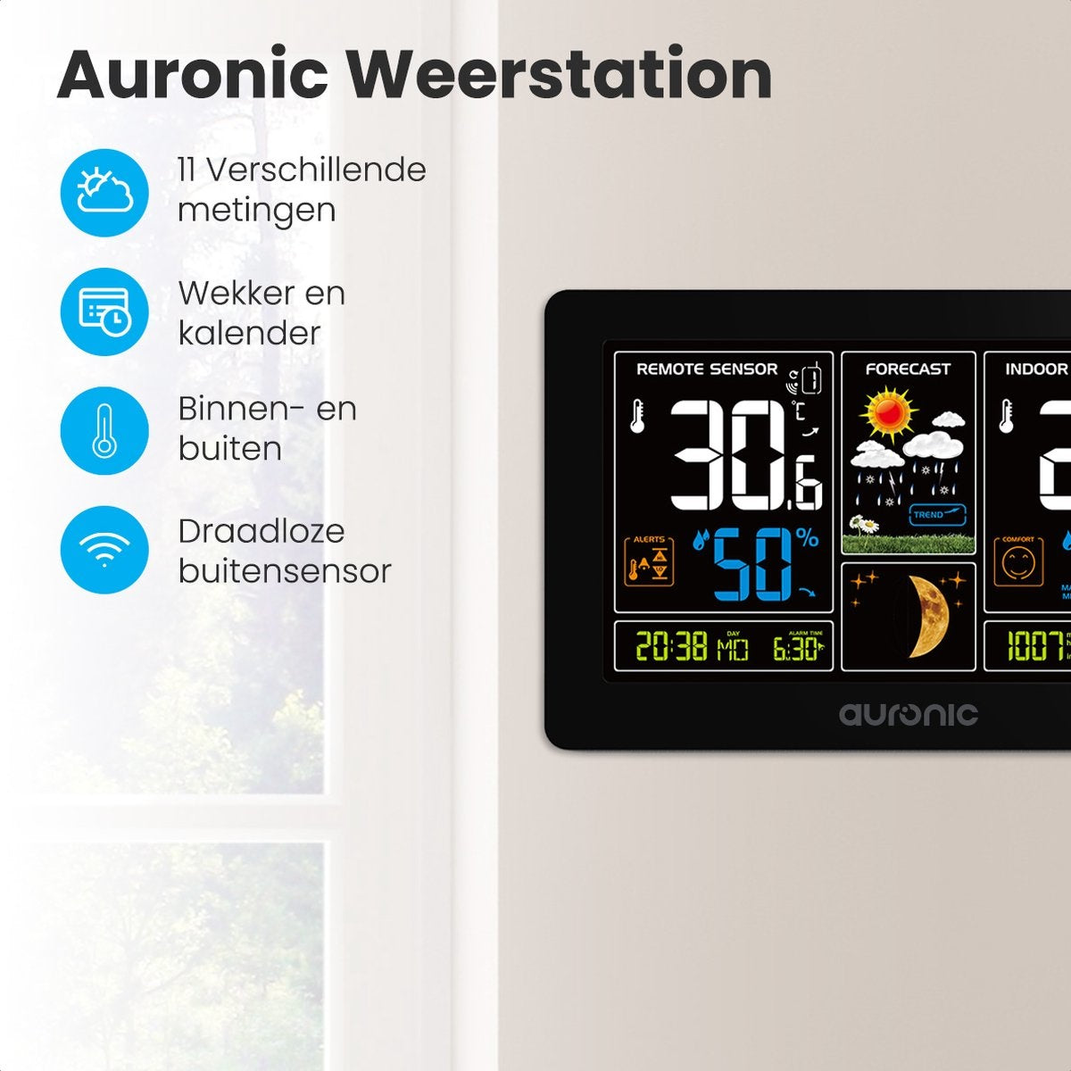 Auronic - Wetterstation - Funk mit Außensensor - Drahtlos - Innen/ Außen - 60M Reichweite - Schwarz