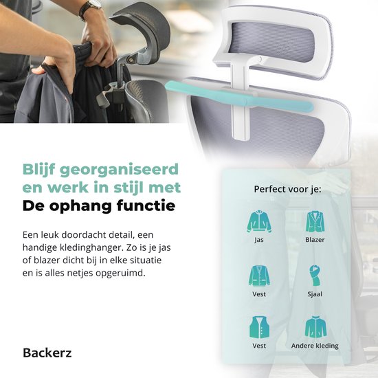 Backerz Ergonomischer Bürostuhl - Verstellbar - 3D Armlehnen - Kopfstütze - Weiß/Grau