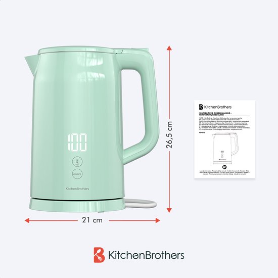 KitchenBrothers Wasserkocher - 1.7L - Mit Temperaturkontrolle - Elektrisch - Warmhaltefunktion - Display - Doppelwandig - Cool-touch - 2200W - Pastellgrün