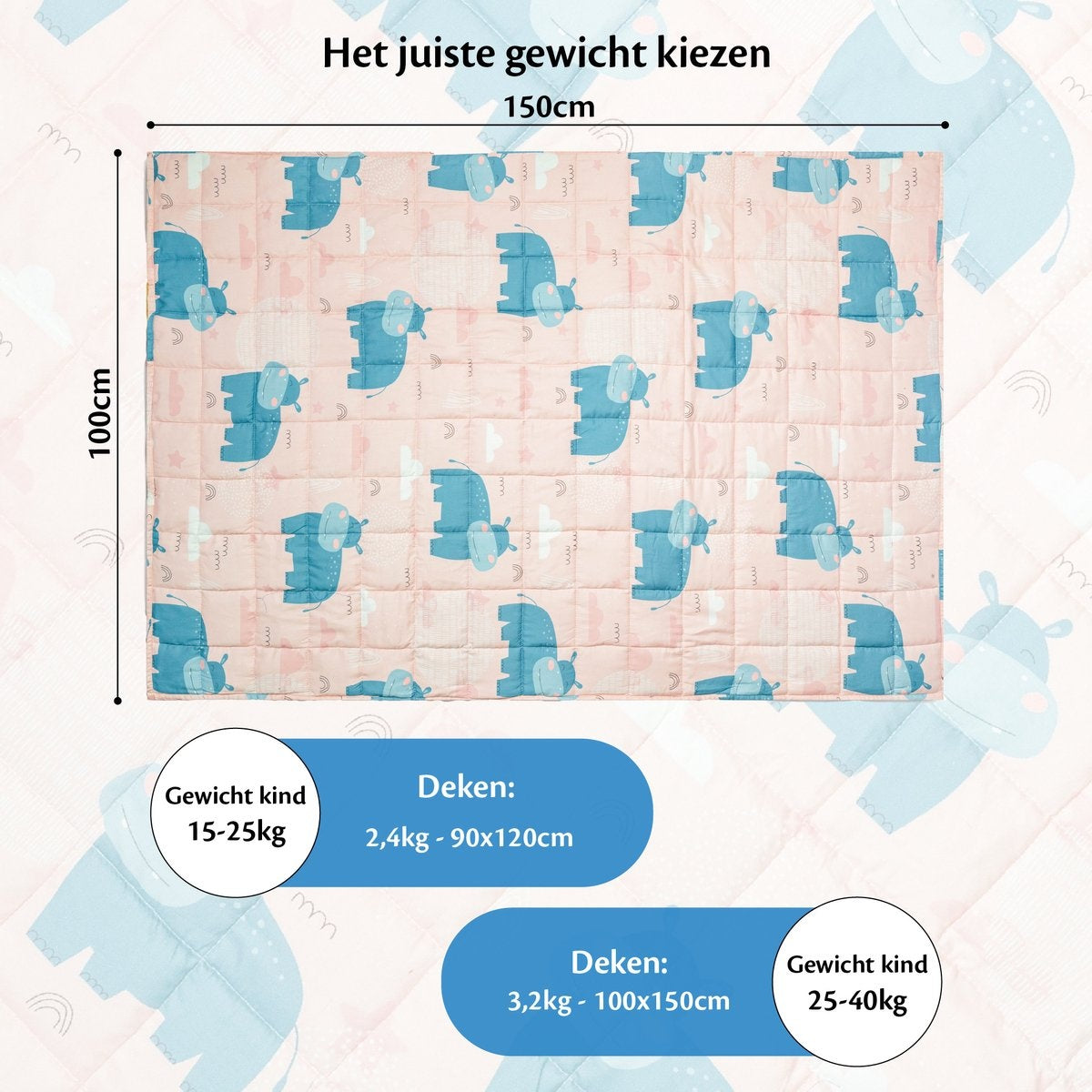 Ella - Gewichtsdecke - für Kinder - Nilpferd Muster - 3.2kg - 100 x 150cm - OEKO-TEX Baumwolle - Rosa