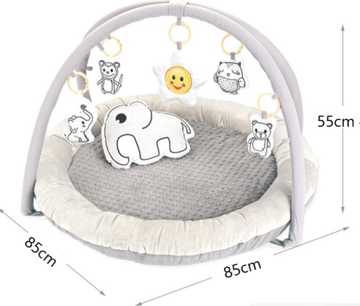 Fuegobird Babygym - 4-in-1 Spielmatte mit Sound & weichen Materialien - 85 x 85 x 55 cm - Grau