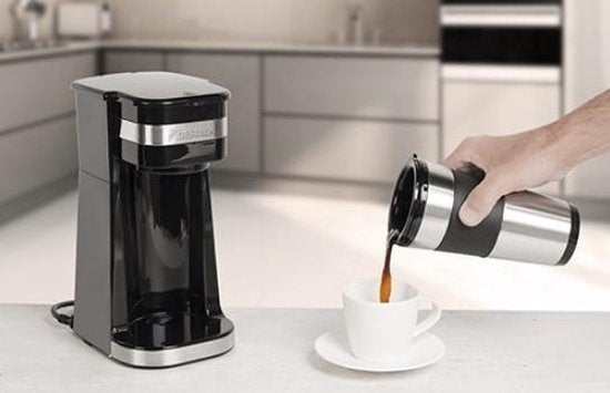 Bestron Kaffeemaschine mit Thermoskanne, für gemahlenen Filterkaffee & ideal für Camping, 2 große Tassen, 750 Watt, Edelstahl, Farbe: silber/schwarz