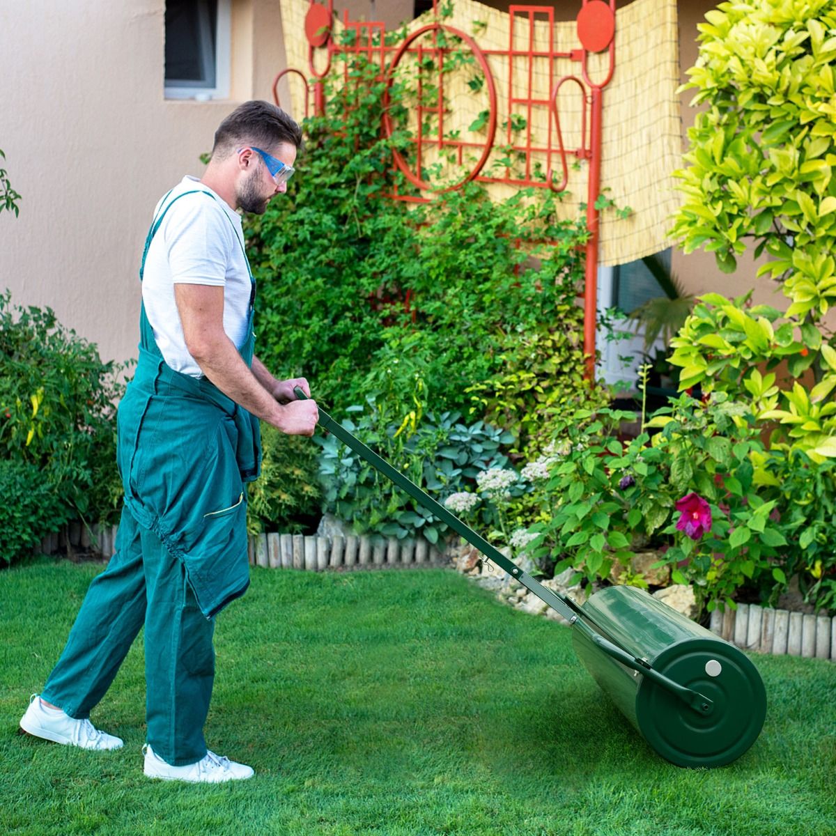 Coast Metall-Garten-Rasenwalze 63L - 99 x 30 x 137 cm - Grün - Abnehmbarer Griff & Traktor-Kupplung