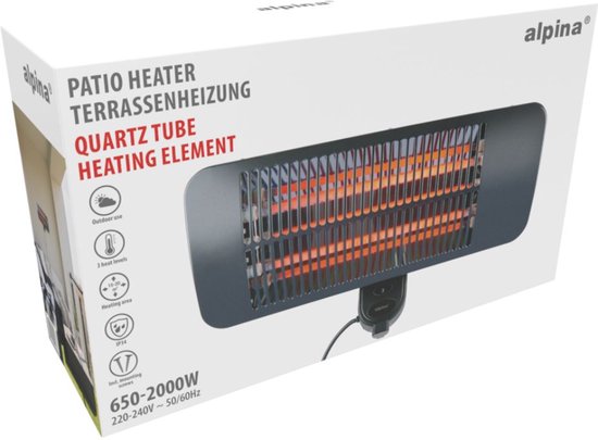 alpina Infrarot-Hängheizung – Terrassenheizung 2000 W, 3 Heizstufen – Spritzwassergeschützte Terrassenheizung IP34 mit Infrarot-Panel – Terrassenheizung
