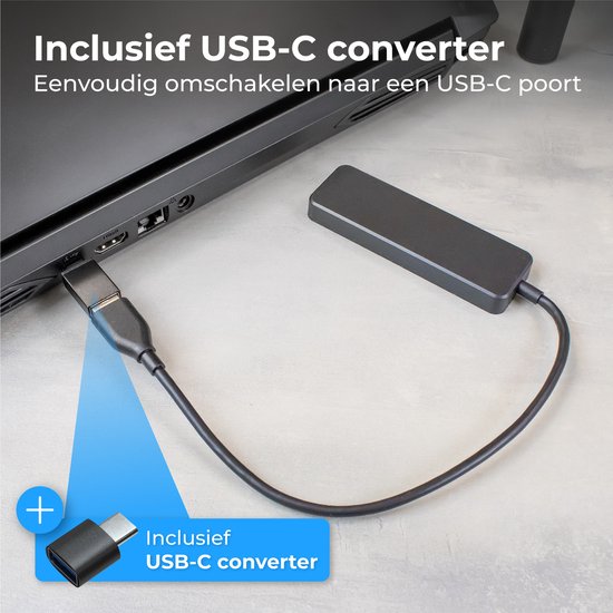 Nuvance - USB-3.0-Hub - 4 Anschlüsse - einschließlich USB-C-Konverter - USB-Splitter - Schwarz
