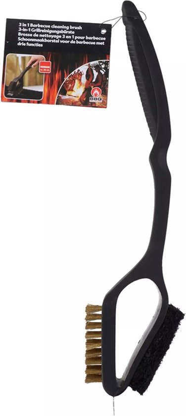 BBQ Collection Barbecue Reinigungsbürste - 3 in 1 - Stahlbürste - Scheuerschwamm - Schaber - 38 cm - Schwarz