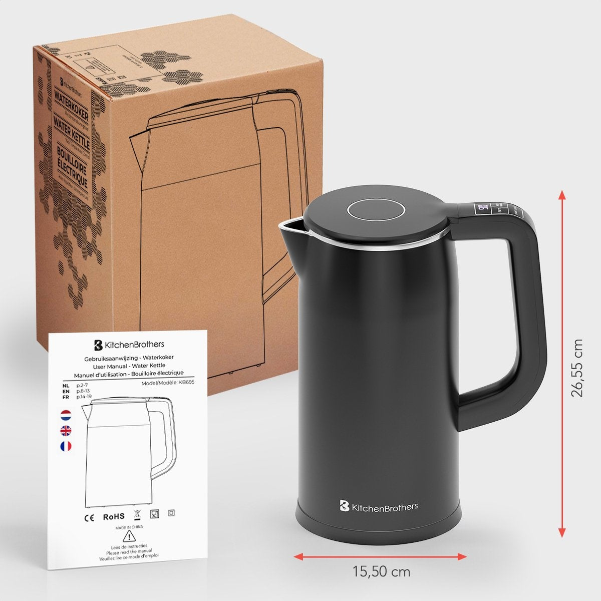 KitchenBrothers Elektrischer Wasserkocher - 1.7L - Temperaturregelung - 1800W - Edelstahl - Schwarz
