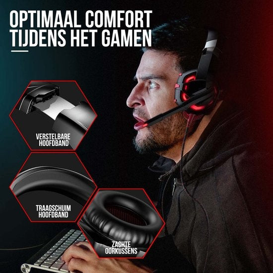 Strex - Gaming Headset - mit Mikrofon – 2,2m Kabel - für PC, PS4, PS5, & Xbox Seies - Schwarz/Rot