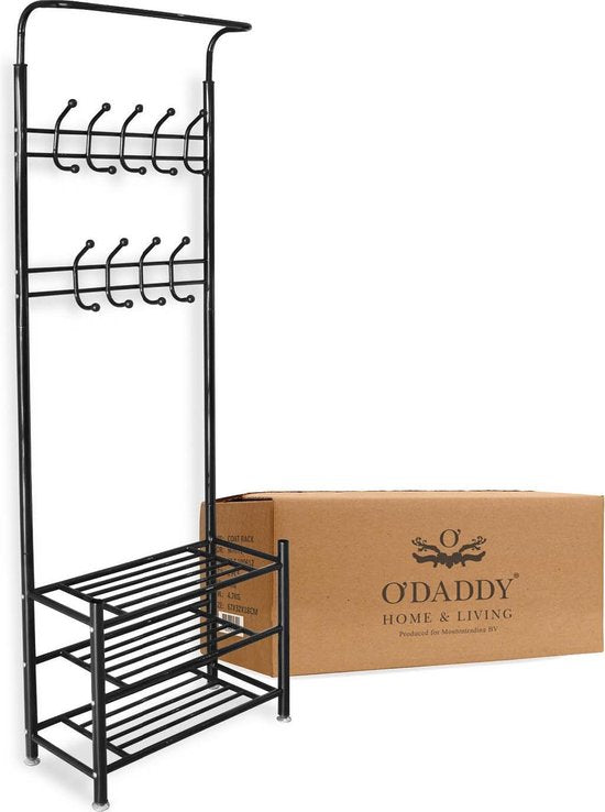 O'DADDY® Garderobenständer stehend - Garderobe mit Schuhablage - 18 Haken 2 Lagen Schuhablage 6 Paar - Garderobenständer Metall - 66 x 30 x 190 cm - schwarz