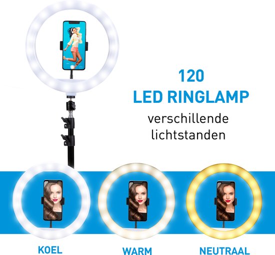 Grundig Ringlampe mit Stativ – Verstellbare Ringlampe bis zu 195 cm – TikTok-Lampe mit Handyhalterung – Selfie-Ringlampe – Ringlampe mit 3 Lichtmodi – Make-up-Lampe
