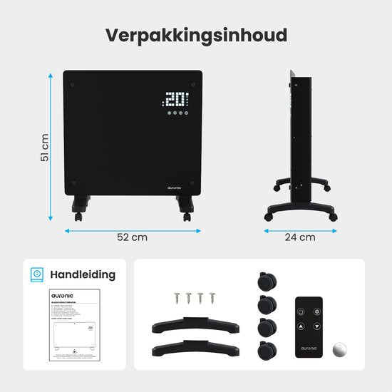 Auronic Electric Heater - Konvektor-Heizung mit Thermostat und Fernbedienung - Glasheizung - 1000W Heizung - Schwarz
