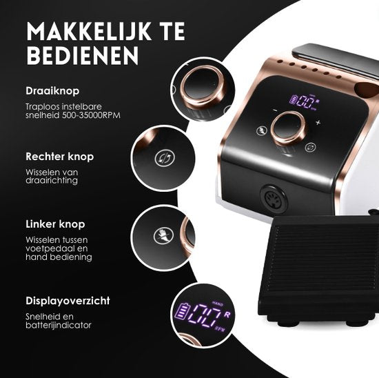 Beeperfect® Elektrische Nagelfeile Ultimate Edition - Nagelfräse - Maniküre- und Pediküre-Set - Kabellos - Inklusive 25 Bits 100 Schleifrollen und 5 Zubehörteile - Mit Fußpedal - 35000RPM
