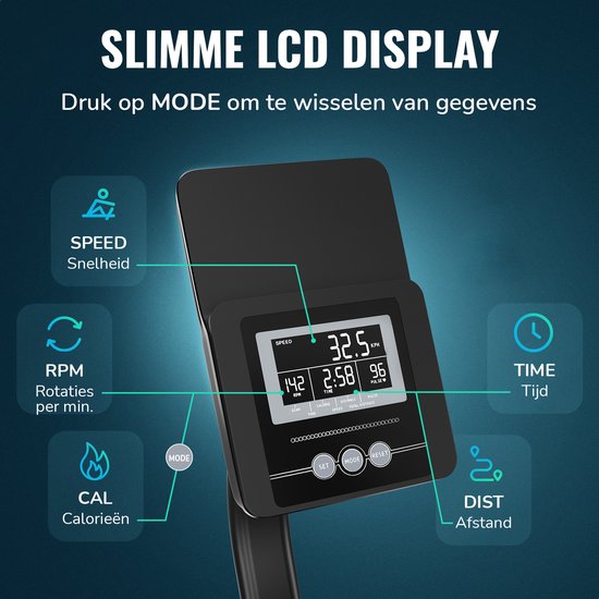 Flowsense Rudergerät - Zusammenklappbares Rudergerät - Geräuschlos - Magnetisches Rudergerät Fitness - Rudertrainer - 16 Widerstandsstufen - LCD Monitor