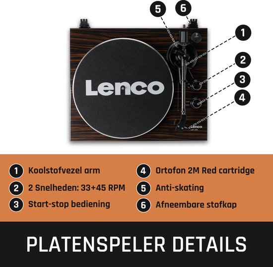 Lenco Plattenspieler mit Bluetooth - Ortofon 2M Red Cartridge und Anpressgewicht - Lenco Expertise Linie - LBT-345WA - Braun